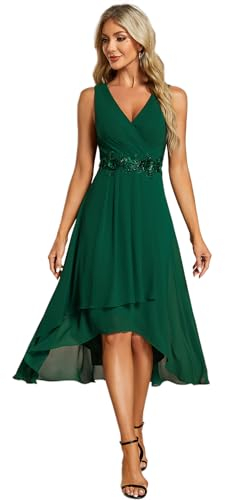 Ever-Pretty Vestido de Invitada de Boda Gasa Cuello en V Elegante Midi Vestidos de Cóctel sin Mangas Midi Falda Irregular Verde Oscuro 40