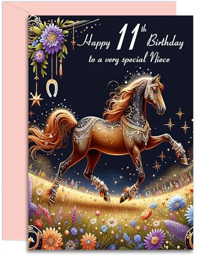 Geburtstagskarte zum 11. Geburtstag der Nichte, magisches Pferd, A5, mit rosa Umschlag, entworfen und gedruckt in Großbritannien