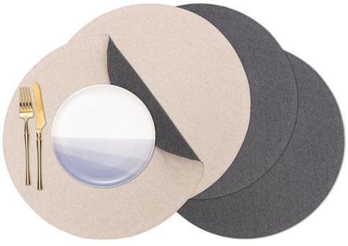 Banchif Tischsets, Durchmesser 38cm Leinenimitat Platzsets Abwaschbar rutschfeste Tischsets Platzsets Doppelseitigen Platzdecken (Grau-Beige, Rund Satz von 4)