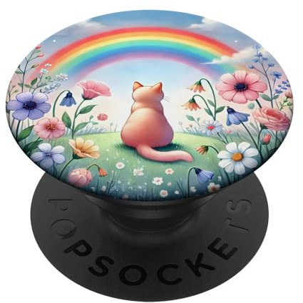 niedliche Katze Regenbogen Blumenwiese Cartoon Natur PopSockets mit austauschbarem PopGrip