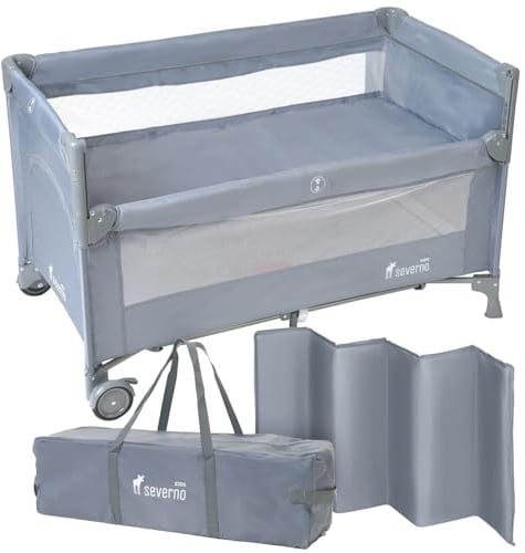 SEVERNO Babybetten, Reisebetten, Beistellbett, Kinderreisebett, Laufstall, für Babys und Kinder ab Geburt bis 15 kg, Kompakt Faltbar, Rollen und Transporttasche, Close to Mommy grau, 120x60 cm