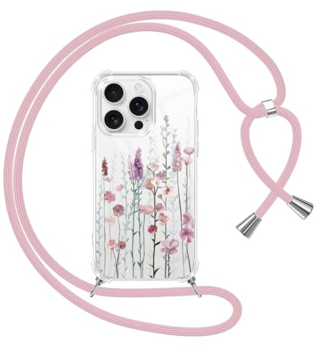 Yoedge Handyband Handyhülle für iPhone 16 Pro 6,3 Hülle mit Band, Durchsichtig Aesthetic Muster Blumen Case mit Kordel zum Umhängen, Weiche Silikon TPU + PC Stoßfest Schutzhülle für iPhone 16 Pro,03