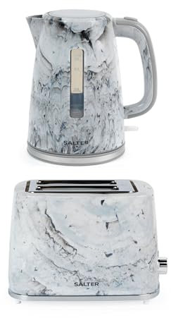 Salter Marble Kettle and 2-Slice Toaster Set – 1.7 L Fast Boil Kettle with Removable Limescale Filter, Wide Toasting Slots, 7 Browning Levels, Removable Crumb Tray, 3kW/900W, White, COMBO-9353