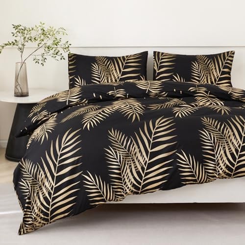 Jemiipee Bettwäsche 140x200 cm Schwarz Gold, Bettwäsche-Set mit Tropisches Blattmuster, Bettbezug 140 x 200 Kissenbezug 65x65, Deckenbezug Wendebettwäsche Weich mit Reißverschluss