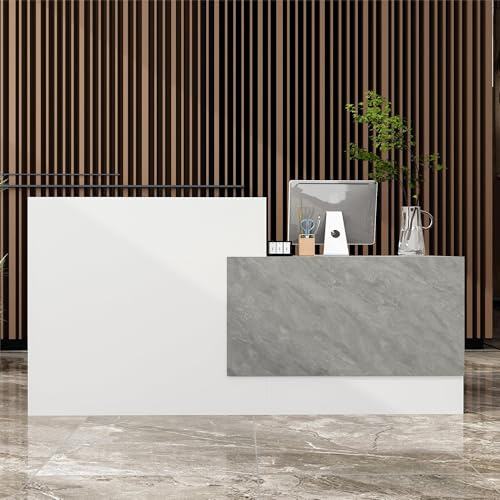 DEZAGCE Empfangstheke, Großraum-Empfangstresen, Rezeption mit 6 Ablageflächen, Rezeptionstheken, Ladentheke, Verkaufstheke mit Tastaturschublade, Rezeptionsmöbe, MDF, 220x60x110cm, weiß + Steinfarben