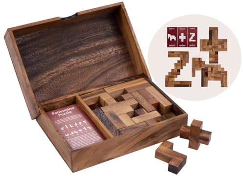 Engelhart Double Pentomino Wooden Puzzle – Brain Teaser for 2 Players with 3D Wooden Pieces, Challenge Cards and Storage Box 350500