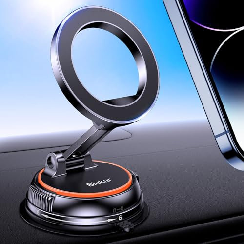 Blukar Support Telephone Voiture pour MagSafe, Porte Telephone Tableau de Bord, Ventouse Puissante & 20*N52 Super Aimants, 360°Rotation Porte Téléphone Voiture Aimanté pour Smartphones-Orange