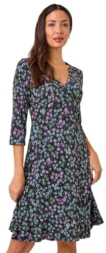 Roman Originals Tea Dress for Women UK Ladies Frill Hem Skater Wrap Jersey Stretchy Fit & Flare Flattering Knee Length Cocktail Party Occasion Holiday Going Out - Noir Pink - Size 10