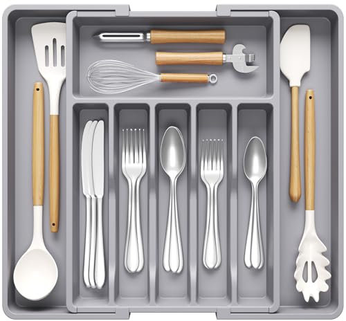 Lifewit Cutlery Drawer Organiser Large, Expendable Cutlery Tray,8 Compartment, Utensil Drawer Organiser for Kitchen Spoons Forks Knives, Grey
