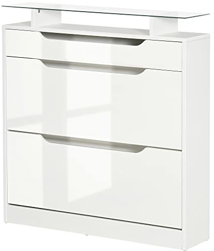 HOMCOM Armoire à Chaussures avec 2 tiroirs rabattables + 1 tiroir Coulissant + 1 comptoir et 1 Plateau en Verre étagère réglable sur 2 Niveaux 89 x 23 x 96 cm Blanc