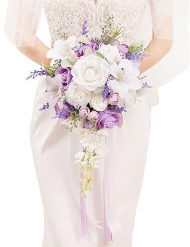 Floinla Brautstrauß, kaskadierend, lila und weiß, Hochzeitssträuße für Braut, Brautjungfer, 25,4 cm, künstlicher Blumenstrauß für Hochzeitsdekoration