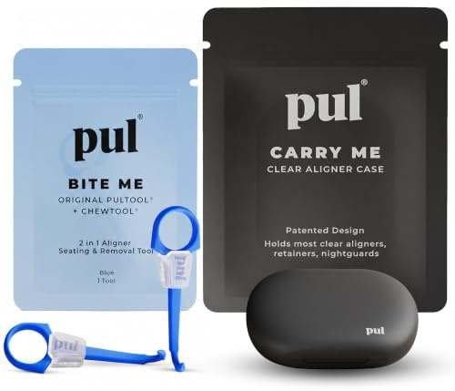 PUL Aligner Care Convenience Kit – Case + 2-in-1 Tool for Invisalign, Retainers, Partial Dentures, Mouth & Night Guards & More – Gray Case & 2-Pack of Blue Aligner Seating Chewie & Removal Tool