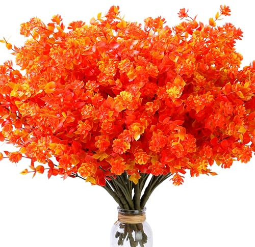 8 paquetes de flores artificiales de otoño para exteriores, flores falsas de plástico resistentes a los rayos UV, arbustos vegetales, plantas verdes, otoño, Acción de Gracias, Halloween, jardín