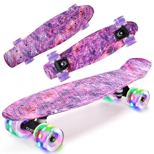 CLYCTIP Skateboard, 22 Zoll komplettes Mini Cruiser Board mit bunten blinkenden Rädern und ABEC-11 Lagern für Kinder, Jungen, Mädchen, Anfänger