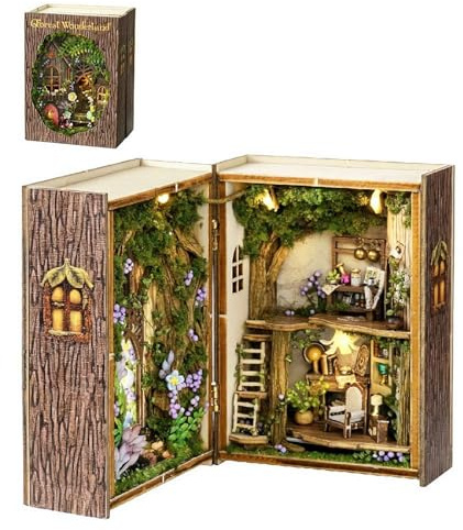 Christmas DIY Book Nook Kit - 1:32 Scale 3D European Style Cottage, Mini Cube Wooden House with LED Light, DIY Bookshelf Insert Decor for Teens Adults (Forest Wonderland)