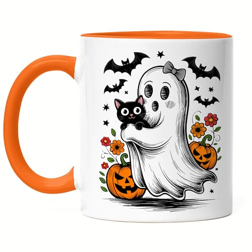Hey!Print Tasse Orange Halloween Geist Katze Kürbis Cute