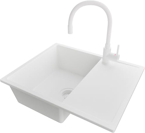 PRIMAGRAN Granitspüle ab 45er Unterschrank + Küchenarmatur, 62x50cm | Set: Küchenarmatur BW6020 + Ablauf-Set (Siphon, Ablaufgarnitur, Überlauf) + Spülbecken 1 Becken - Ibiza, Alles Weiß