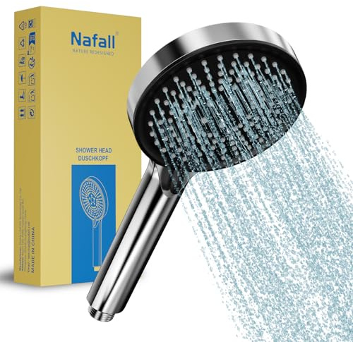 Nafall Hochdruck Duschkopf, Handbrause mit 3 Modi, Druckverstärkung | 115mm wassersparende Duschbrause mit Antikalk-Silikondüsen, zerlegbar zur Reinigung, G1/2 Standardanschluss, Chrom