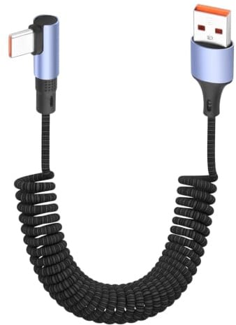 YACSEJAO Cavo USB C a spirale da 100 W, 90 gradi, 1,5 m, retrattile, da USB A a USB C, 6 A, ricarica rapida in nylon, connettore reversibile per telefono, auto (testa dritta)