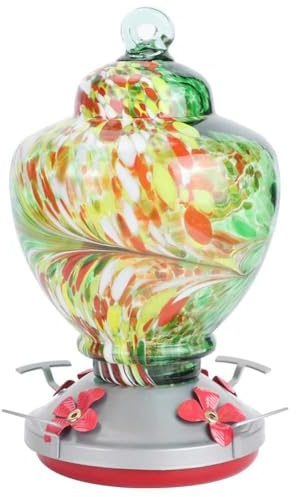 Tomotato Fontaine Oiseaux Verre Peint, Réservoir Nourriture Distributeur Eau Jardin avec Accroche Anti Écureuils pour Attirer Colibris (D)
