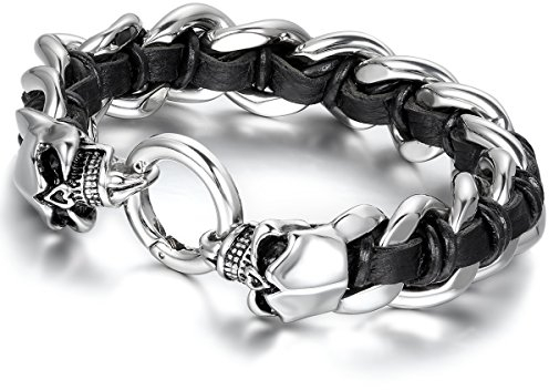 Flongo Edelstahl Leder Armband Link Handgelenk Schwarz Silber Totenkopf Schädel Biker Punk Rock Herren