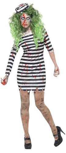Smiffys Halloween Zombie Sträfling Kostüm, Schwarz, mit Kleid & Hut