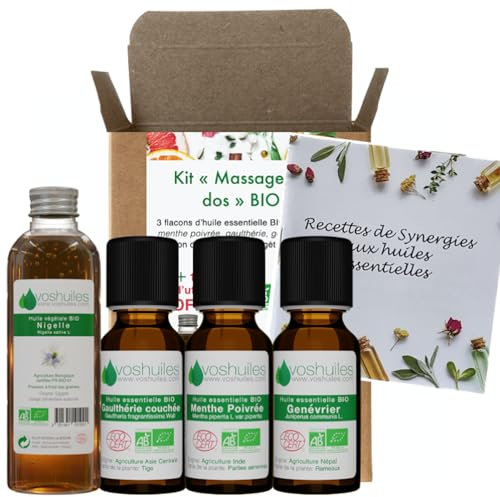 VOSHUILES - Kit Massage du Dos - 3 Huiles Essentielles + 1 Végétale Bio - 100% Pure et Naturelle - HEBBD, Ecocert - Gaulthérie Couchée, Menthe Poivrée, Genévrier, Nigelle - Massage - 3x10ml, 1x50ml