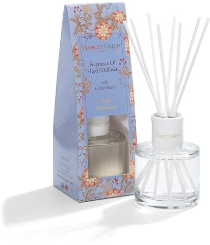 Hassett Green London Fragrance Oil Reed Diffuser - 100ml Glass Bottle with 8 Fibre Reeds - Iced Cranberry
