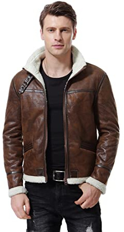 AOWOFS Men's Leather Jackets Aviator Bomber Jacket Men Brown Motorcycle Shearling Suede Coat