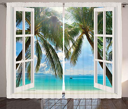ABAKUHAUS Tropisch Rustikaler Vorhang, Fenster zum exotischen Strand, Wohnzimmer Universalband Gardinen mit Schlaufen und Haken, 280 x 225 cm, Himmelblau Weiß