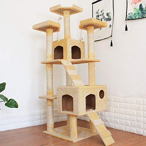 RONGJJ Kratzbaum, Katzenkratzbaum, Kletterbaum mit Sisal Gemütlichen Aussichtsplattformen Häuschen Spielhaus 180 cm, Beige