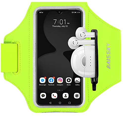 HAISSKY Brazalete Deportivo para Correr con Bolsa de Auriculares, Brazalete Móvil Deportivo Ajustable para iPhone 16 Pro MAX 15 Pro 14 13 12 11 Plus, Galaxy S25/S24/S23/S22, hasta 6,9 (Verde)