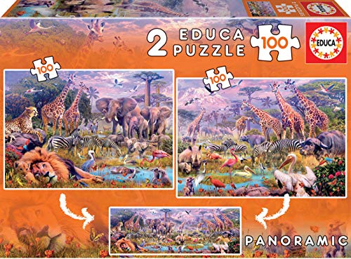 Educa - Puzzle 100 Teile | Wilde Tiere, 2x100 Teile Panorama Puzzle für Kinder ab 6 Jahren, Tierpuzzle (18606)