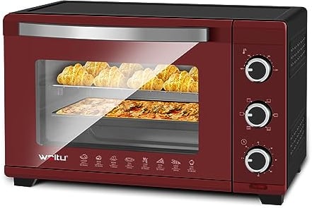 WOLTU Forno per Pizza da 32L, Fornetto Elettrico Piccolo con Girarrosto, 4 Resistenze, Timer 60 min, Temperatura 100-230°C, 1600W, Porta con Doppi Vetri, Nero+Rosso