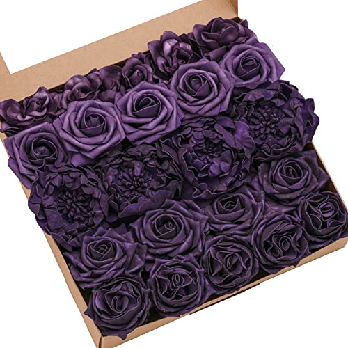 Ling's moment Künstliche Blumen Gefälschte Rosen Faux Pfingstrose Schaum Gardenia Combo für DIY Hochzeit Sträuße Tafelaufsätze Arrangements Braut Dusche Party Home Decorations, Lila, 23 Stück