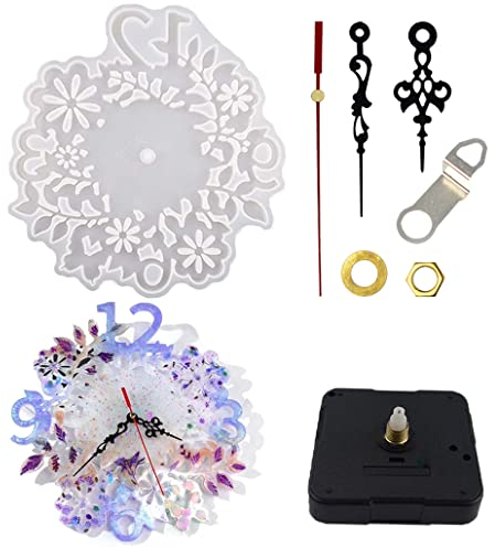 TikooTik Groß Blume Uhr Wanddekoration Kristall Epoxidharz Form mit Zubehör Uhrenkern Set Arabisch Silikonformen Clock Resin Mold für DIY Kunsthandwerk 34x32cm