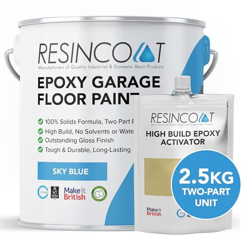 Resincoat High Build Epoxy Garage Floor Paint, Two-Part Epoxy Coating, High Gloss Finish, Solvent Free Formula, Tough & Durable Concrete Floor Paint, Made in the UK, Sky Blue, 2.5kg