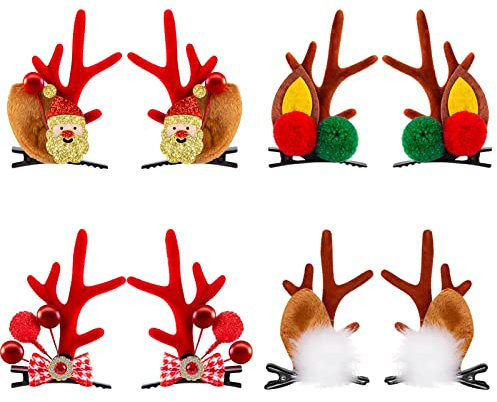 MELLIEX 4 Paare Weihnachten Hirschgeweih Haarspangen, Rentier Geweih Haarnadeln Weihnachtsfeier Plüsch Elch Haarclips für Mädchen Frauen