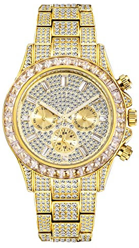 ICEDIAMOND 3-Augen-Armbanduhr mit kubischem Labordiamant, Quarz, Kalender und Zeitzonenanzeige, Zifferblatt, Uhr für Herren und Damen (Gold)