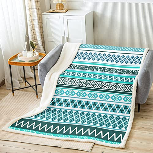 Boho Aztec Decke 130x150 Teal Bohemian Floral Fleece Decke Tribal Exotic Sherpa Decke Für Kinder Jungen Mädchen Teens Geometrische Streifen Plüschdecke Für Bett Sofa Couch