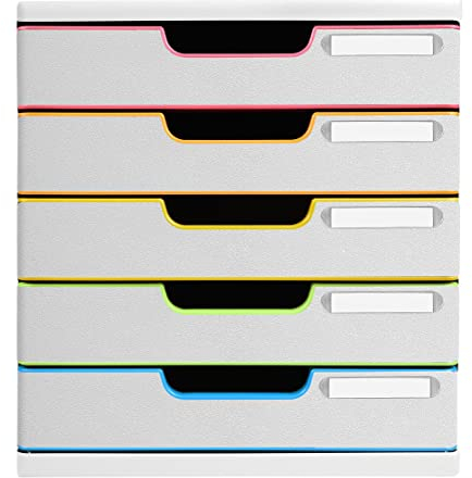 Exacompta 301913D Premium Ablagebox MODULO mit 5 geschlossenen Schubladen für DIN A4+ Dokumente. Schubladenbox mit hoher Kapazität für mehr Platz auf dem Schreibtisch. Black Office Harlekin Weiß|Bunt