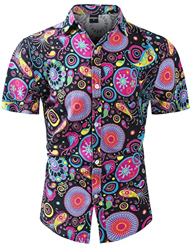 COSAVOROCK Chemise années 70 Hippie pour Homme Manches Courtes Chemises Casual Hawaïenne Fleur Moche