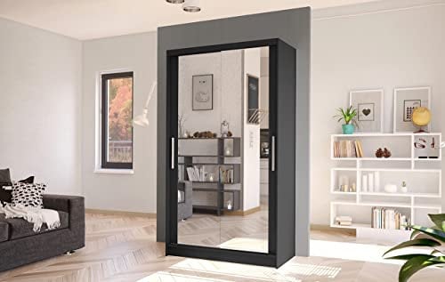 ML Furniture Costa VII Black Sliding 2 Door Wardrobe 100 cm – Full Mirror - Wardrobes for Bedroom with Clothes Rail – Bedroom Furniture Set – 100 x 200 x 58