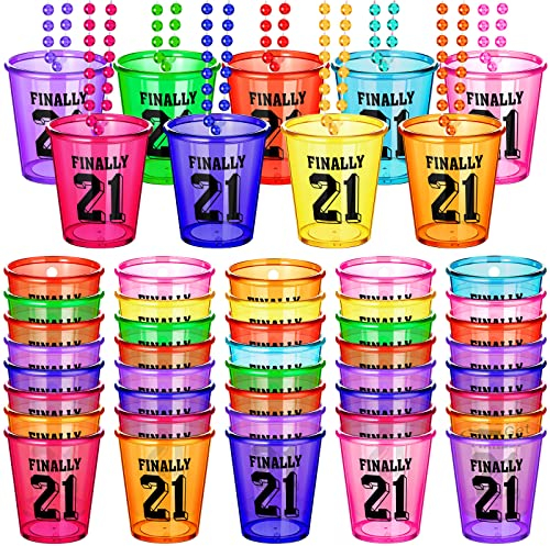 27 Pcs Shot Glass Necklaces Finally 21 Birthday Shot Glass on Beaded Necklace Plastic Shot Necklace Cups Birthday Drinking Cup for Adults Birthday Party Supplies Favors, 9 Colors