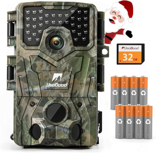 usogood Wildlife Camera 4K 30fps Trail Camera with Night Vison Motion Activated with 8 Batteries and 32GB Memory Card, 120°Detection Angle 850nm IR LEDs IP66 Waterproof for Outdoor Garden