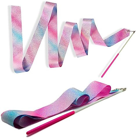 MOSFITO | 2 Cintas de Gimnasia rítmica para niñas de 2 Metros | con Varilla de 30 cm | Color Rosa con Efecto Brillante | Cinta Gimnasia Ritmica niña