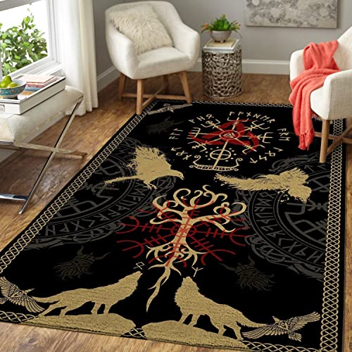 HERENI Wikinger Runen Teppich Mythos Odin Krähe Wolf Kurzflor Teppich für Wohnzimmer Schlafzimmer Esszimmer Kinderzimmer rutschfest Waschbar Verblasst Nicht Rechteck Teppiche pflegeleicht 50x80 cm