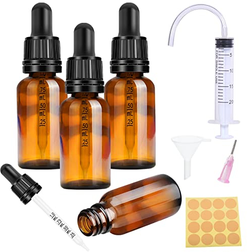 Nuts OT nuts Brown Glass 20ml Dropper Bottles Dropper Pipettes 4pcs Eye Droppers Amber with 5 Auxiliary Accessories Suitable for Essential Oils Massage Perfumery Aromatherapy Laboratory