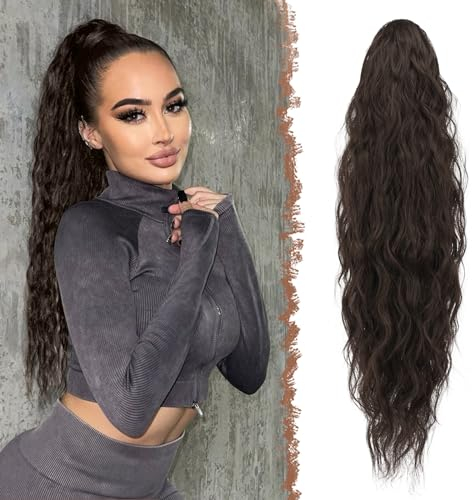 FESHFEN Lange Zopf Pferdeschwanz Haarextension mit kordelzug Lang Wellig Lockig Schwarz Braun Synthetik Haarverlängerung Natürliches Clip in Haarteil Ponytail Kunsthaar Haarzopf für Damen 65cm