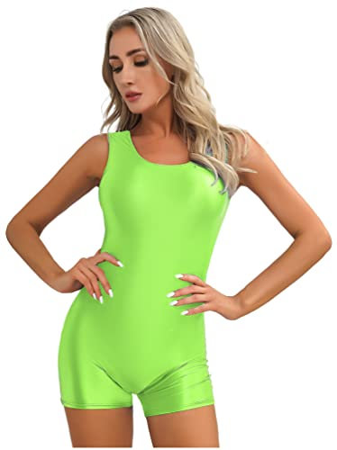 iiniim Combinaisons Shorts à Manches Courtes Femmes Bodysuit Slim Fit Maillot De Bain 1 Pièce Justaucorps Gymnastique Danse Ballet Leotard Zip Ouvert Vert Fluo A M
